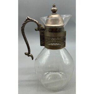 Vintage Glass Carafe Ornate Metal Handle & Lid 8=10.5" Tall Elegant Design READ